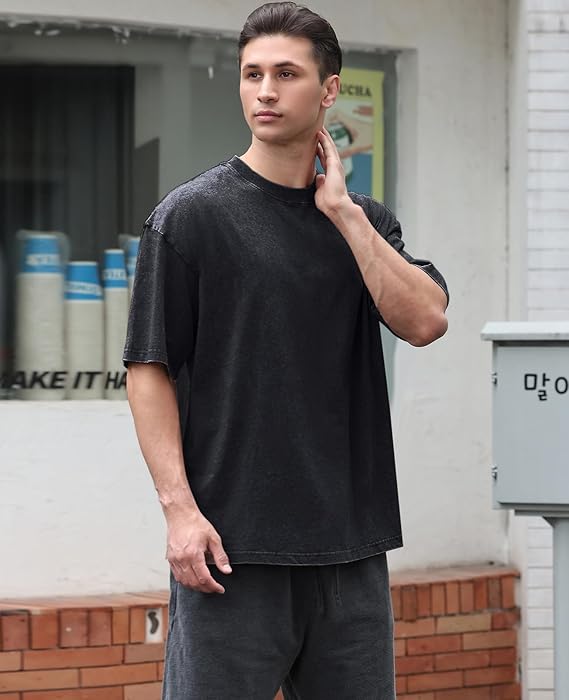 Men's Cotton T-Shirts Oversized Unisex Short Sleeves Casual Loose Wash Solid Basic Tee Tops
