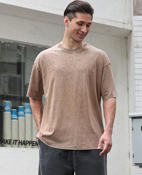 Men's Cotton T-Shirts Oversized Unisex Short Sleeves Casual Loose Wash Solid Basic Tee Tops